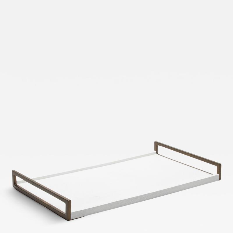  R Y Augousti Rectangular Tray in White Shagreen with Bronze Patina Brass by R Y Augousti