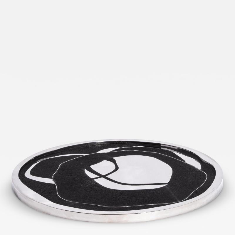  R Y Augousti Round Shagreen Tray with Polished Stainless Steel by R Y Augousti