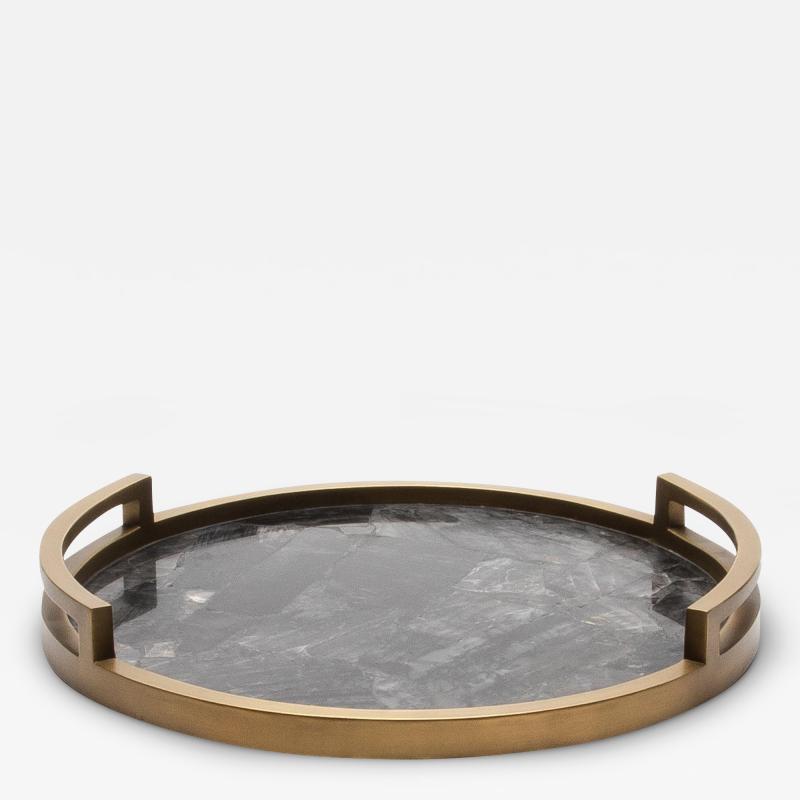  R Y Augousti Round Tray in Black Quartz with Bronze Patina Brass by R Y Augousti