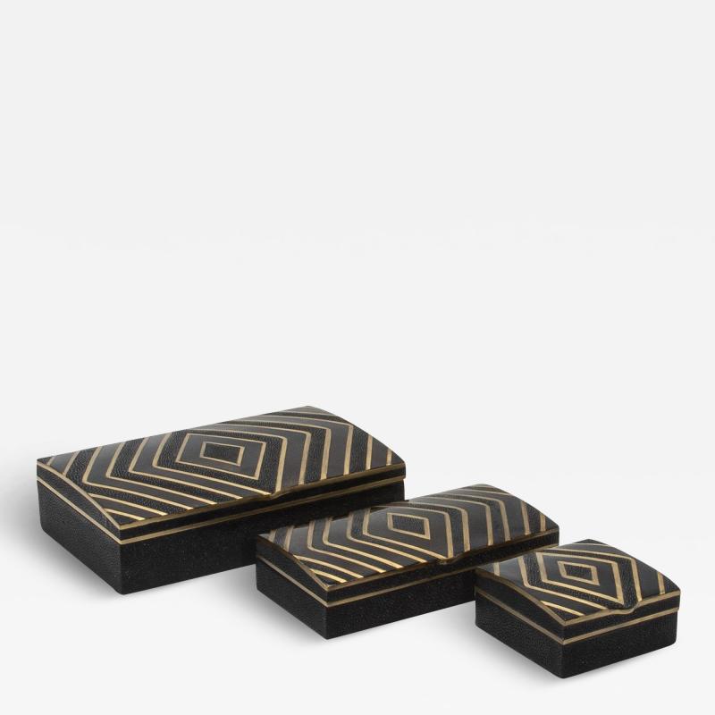  R Y Augousti Set of 3 Boxes in Black Oak with Black Shell and Brass Details by R Y Augousti