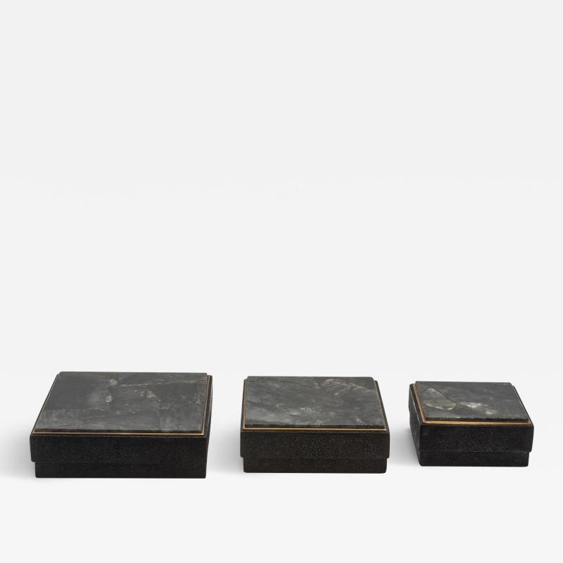  R Y Augousti Set of 3 Boxes in Black Shagreen and Quartz with Brass Frame by R Y Augousti