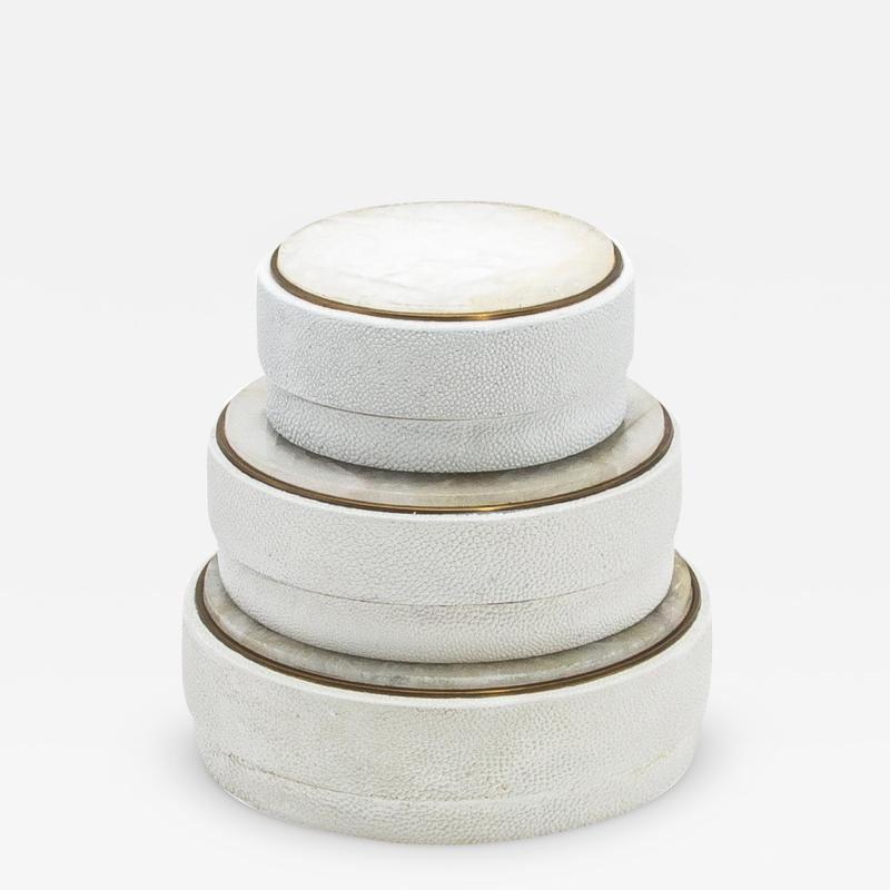  R Y Augousti Set of 3 Boxes in Shagreen and White Quartz with Brass Frame by R Y Augousti