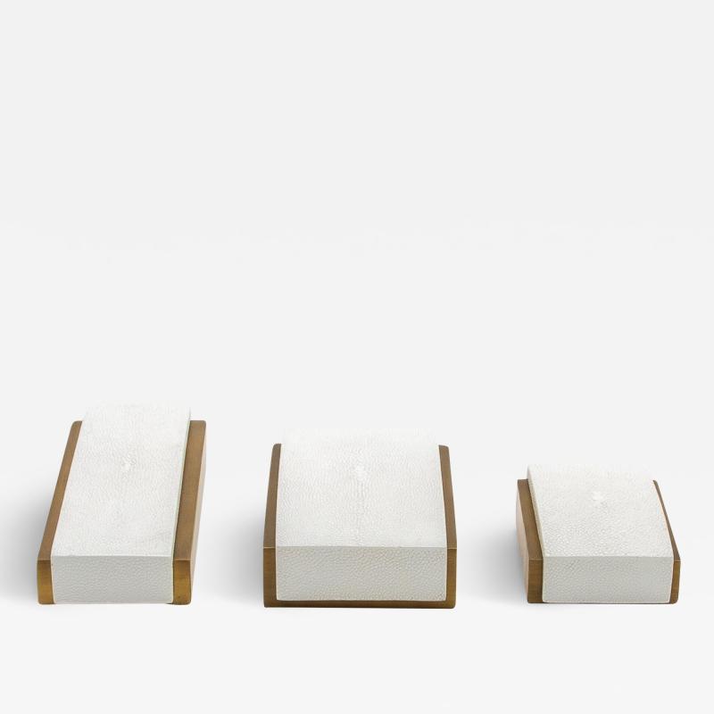  R Y Augousti Set of 3 Boxes in White Shagreen and Bronze Patina Brass by R Y Augousti