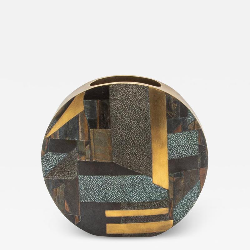  R Y Augousti Shagreen Vase with Tiger Eye Shell and Brass Details by R Y Augousti