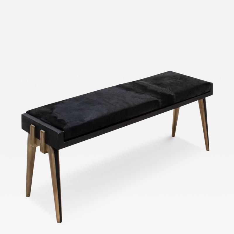  R Y Augousti Upholstered Hide Bench in Black Shagreen and Bronze Patina Brass by R Y Augousti