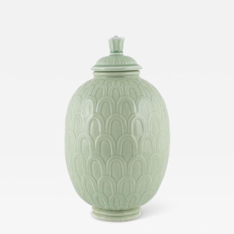  R rstrand Rorstrand Studio Classical Lidded Urn in Celadon Glaze by Gunnar Nylund