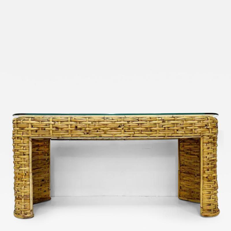  Ralph Lauren Vintage Woven Rattan Console Table Glass Top Ralph Lauren Style