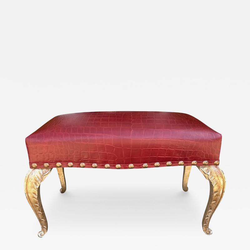  Randy Esada Designs Art Deco Style Gilded Palm Leaf Leg Croc Leather Bench by Randy Esada Designs