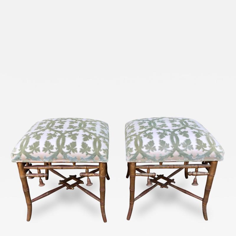  Randy Esada Designs Pair of Scalamandre Silk Velvet Faux Bamboo Chinoiserie Stools or Ottomans