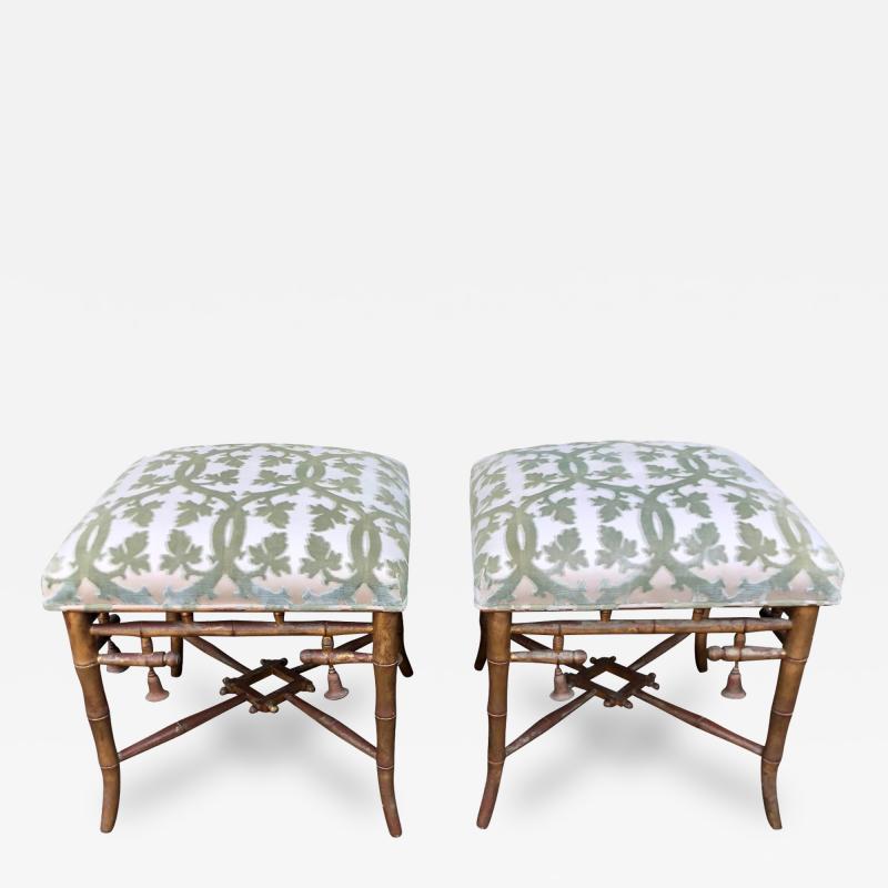  Randy Esada Designs Pair of Scalamandre Silk Velvet Faux Bamboo Chinoiserie Stools or Ottomans