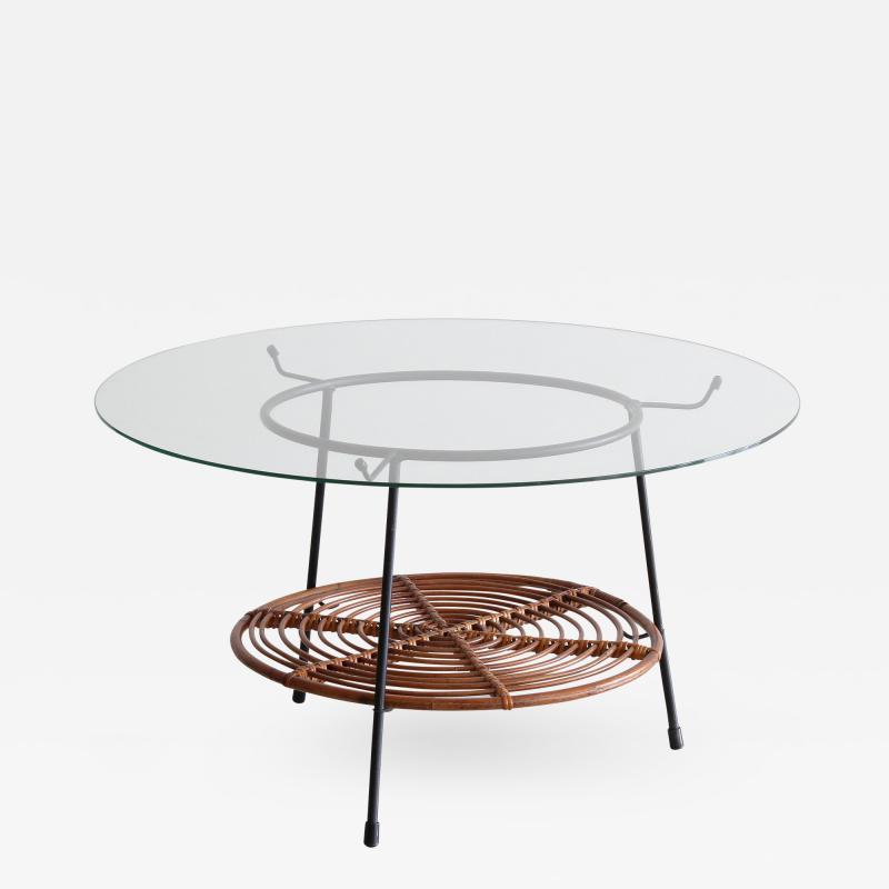  Raymor Italian Wicker and Iron Table with Glass Top by Raymor