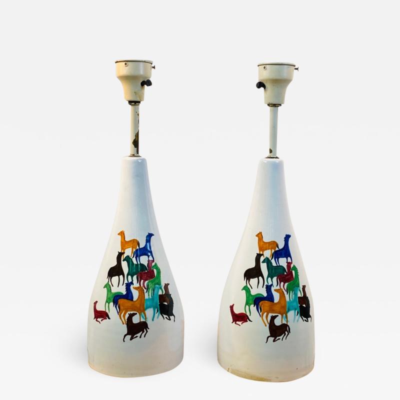  Raymor PAIR OF MID CENTURY CERAMIC LAMPS WITH COLORFUL HORSES BY RAYMOR