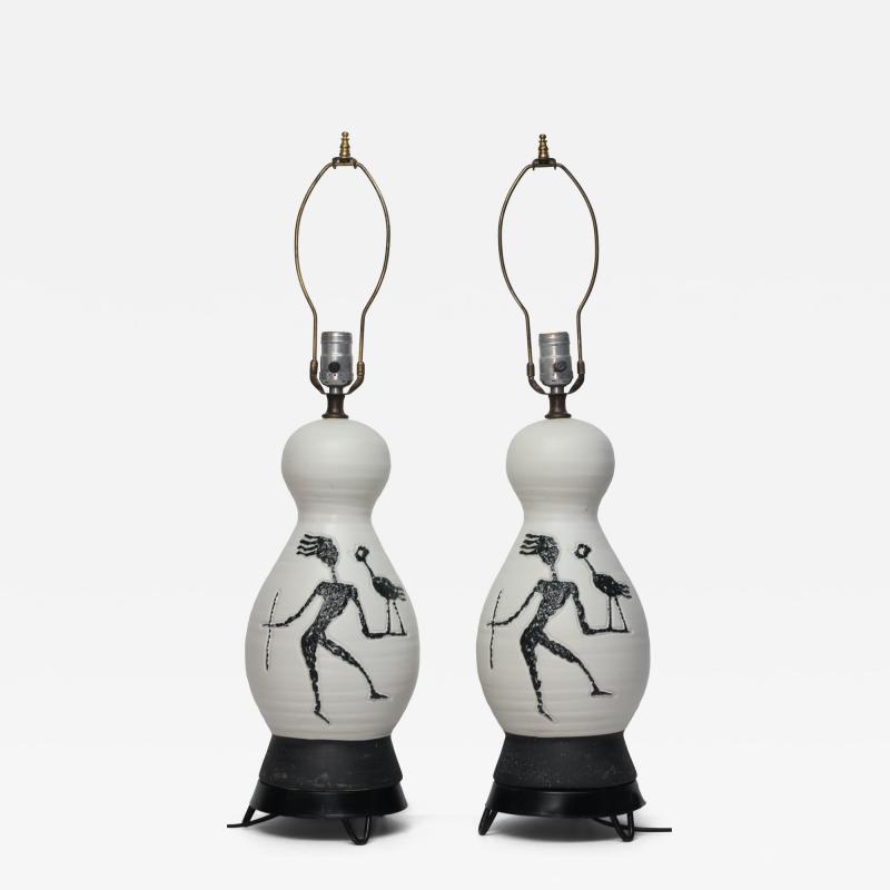  Raymor Pair of Sculpted Ceramic Mid Century Table Lamps by Raymor Italy 1960