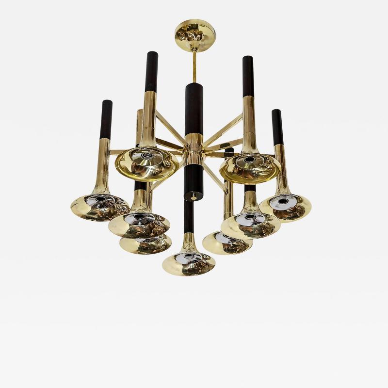  Reggiani Mid Century Italian Reggiani Trumpet Brass Chandelier circa 1970