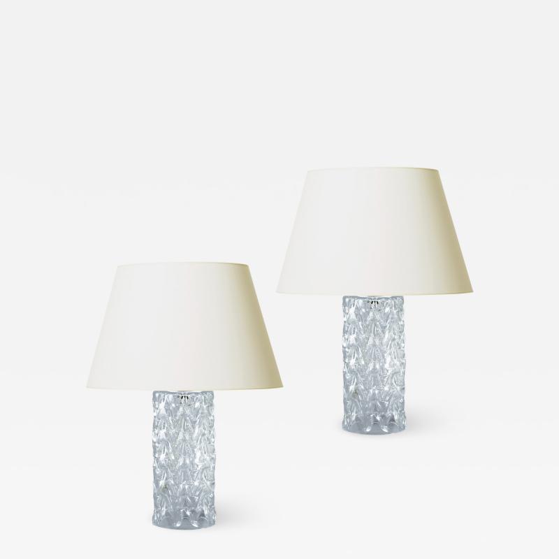  Reijmyre Glasbruk Pair of Mod Table Lamps with Hand Worked Triangle Pattern by Reijmyre