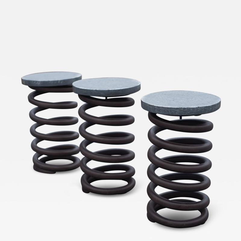  Restoration Hardware Set of Three Counter Height Steel Iron Spring Stools by Restoration Hardware
