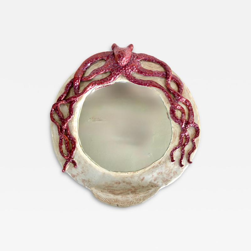  Rexx Fischer Original Ceramic Octopus Mirror with Wood Backing by Florida Artist Rexx Fischer