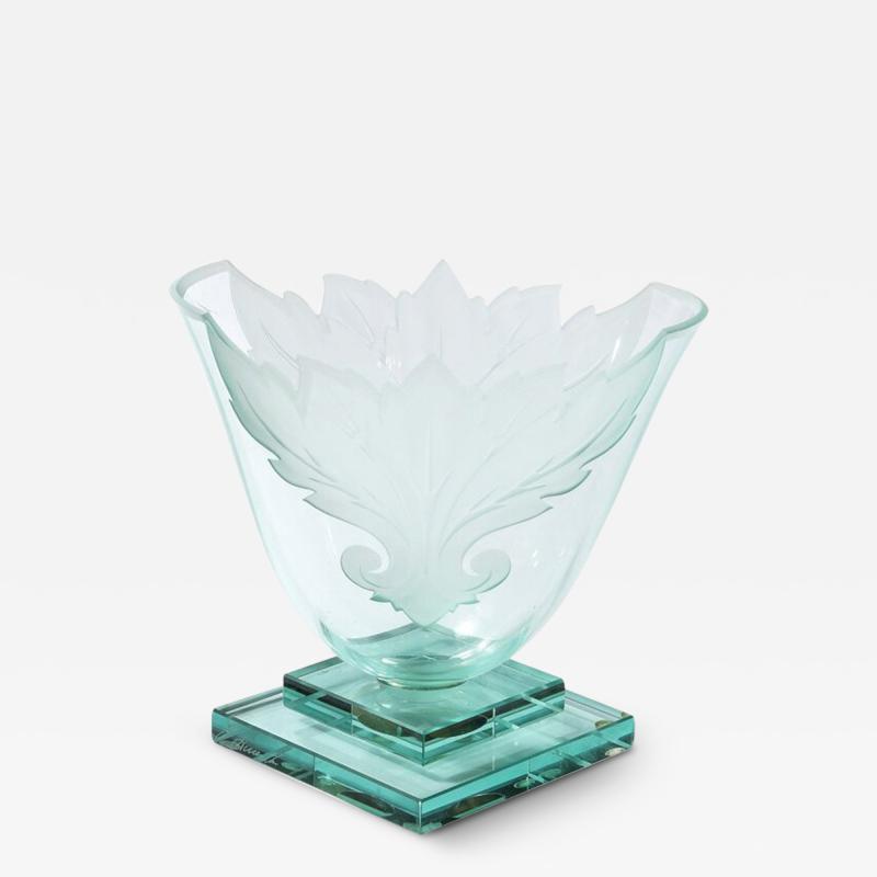  Robert Guenther Frosted and Etched Cut Glass Leaf Vase Bowl on Geometric Base by Robert Guenther