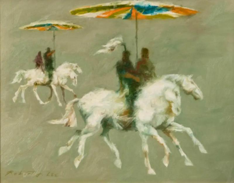  Robert J Lee Original Oil Painting by Robert J Lee of Horses Riders W Umbrellas