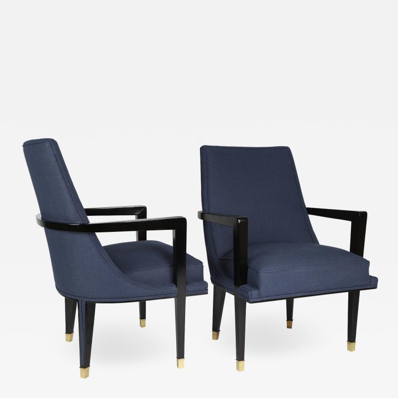  Roberto Mito Block Pair of Elegant Upholstered Lounge Chairs with Brass Sabots 1950s