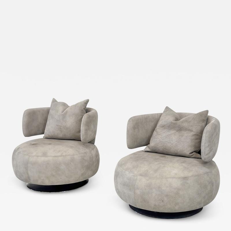  Roche Bobois Roche Bobois Leather Curl Swivel Lounge Chairs A Pair