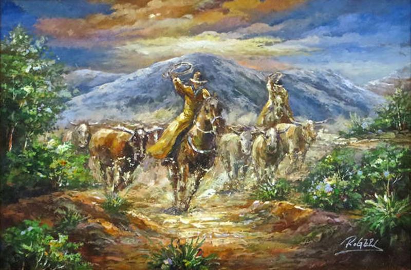  Rogers Western Painting Oil on Canvas Scene of a Roundup Late 20thC 