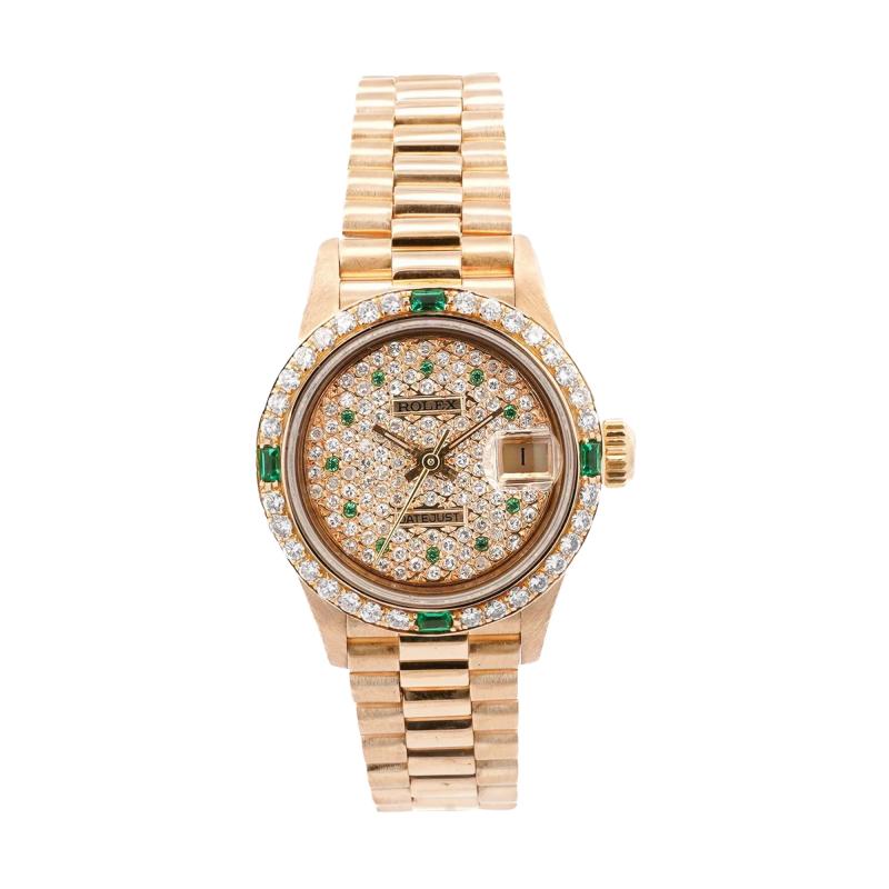  Rolex Watch Co Rolex President Datejust 26mm 18K Gold Emerald Diamond Ladies Watch