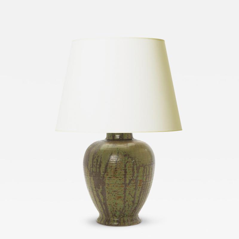  Royal Copenhagen Arts and Crafts Table Lamp in Flowing Green Glazes by Carl Halier