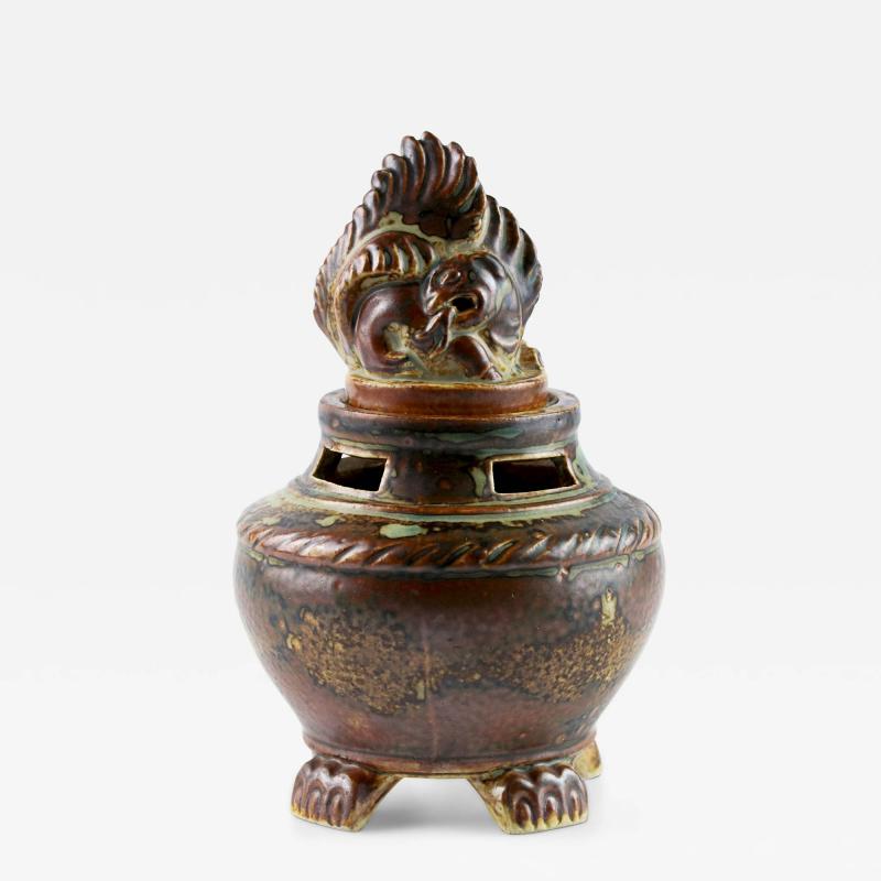  Royal Copenhagen Incense Burner with Phoenix Finial and Sung Glaze by Jais Nielsen