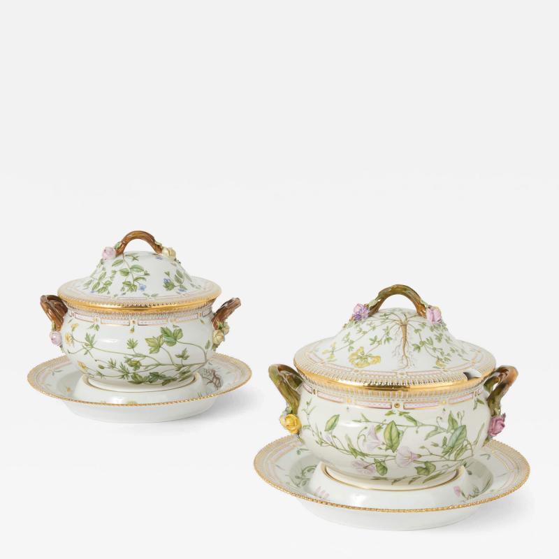  Royal Copenhagen Pair of Royal Copenhagen Flora Danica Porcelain Tureens with Stands