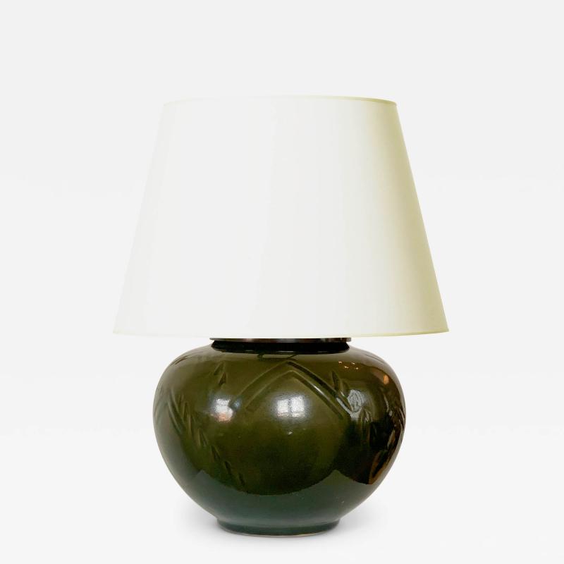  Royal Copenhagen Table Lamp with Dark Olive Glaze and Carved Relief by Hans Henrik Hansen