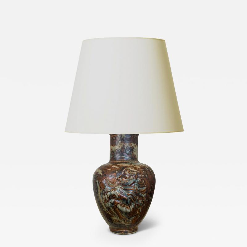  Royal Copenhagen Table Lamp with Figural Relief in Sung Glaze by Jais Nielsen