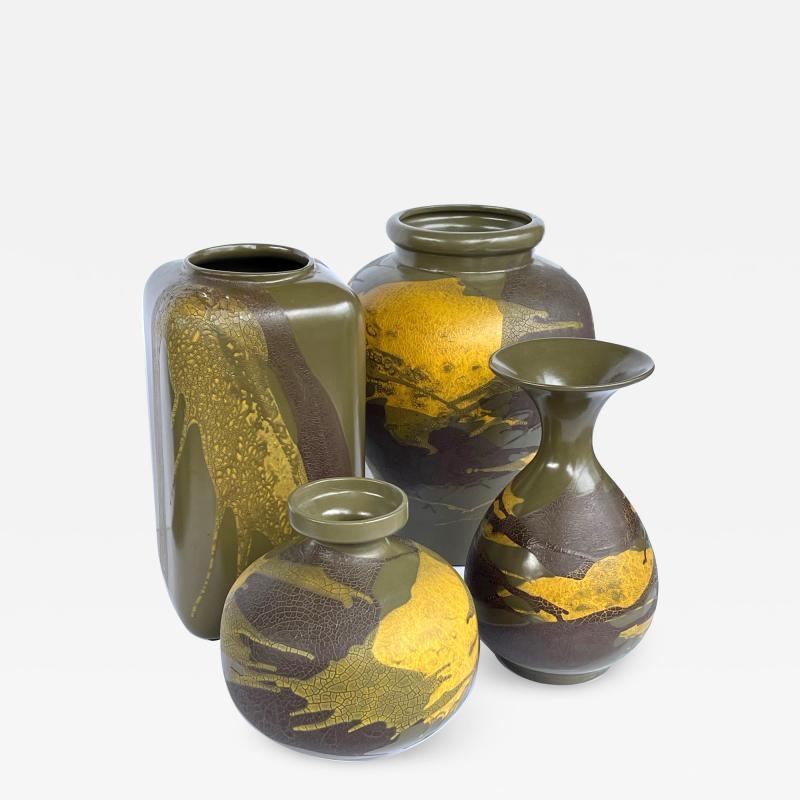  Royal Haeger 4 Royal Haeger Pottery Vessels w Yellow Brown Drip Glaze on Olive Green Ground