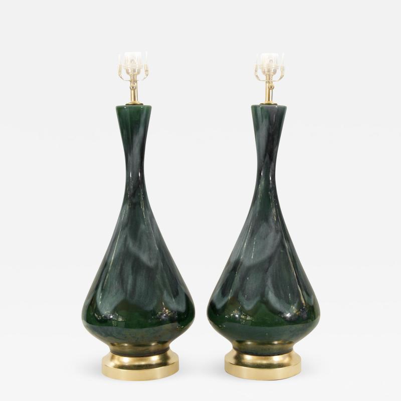  Royal Haeger Blue and Green Drip Glaze Lamps with Gilt Hardware