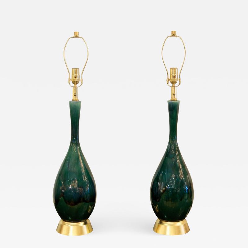  Royal Haeger Pair of Blue Green Drip Glaze and Gilt Royal Haeger Attributed Lamps