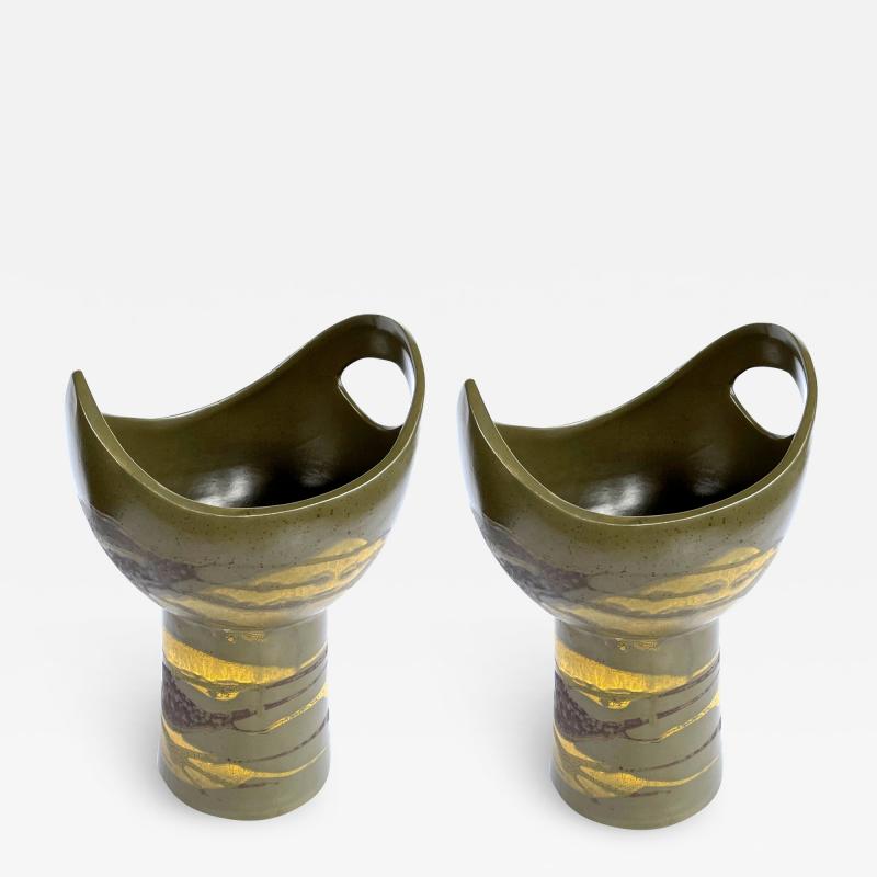  Royal Haeger Pr of Royal Haeger cup shaped vases w brown yellow drip glaze on olive ground