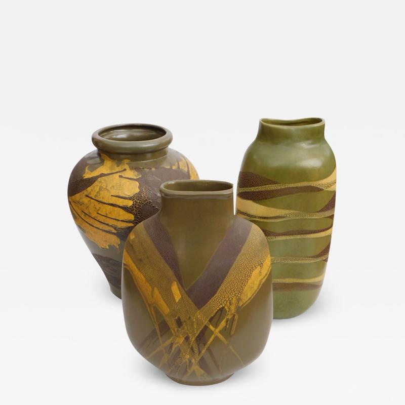  Royal Haeger Set of 3 American 1960s Royal Haeger Olive green Glazed Ceramic Vases