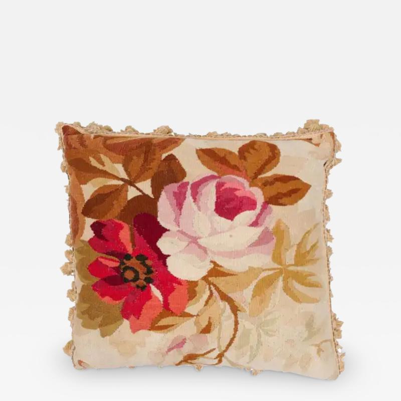  Royal Manufacture of Aubusson 19th Century French Aubusson Woven Tapestry Pillow with Floral D cor and Tassels