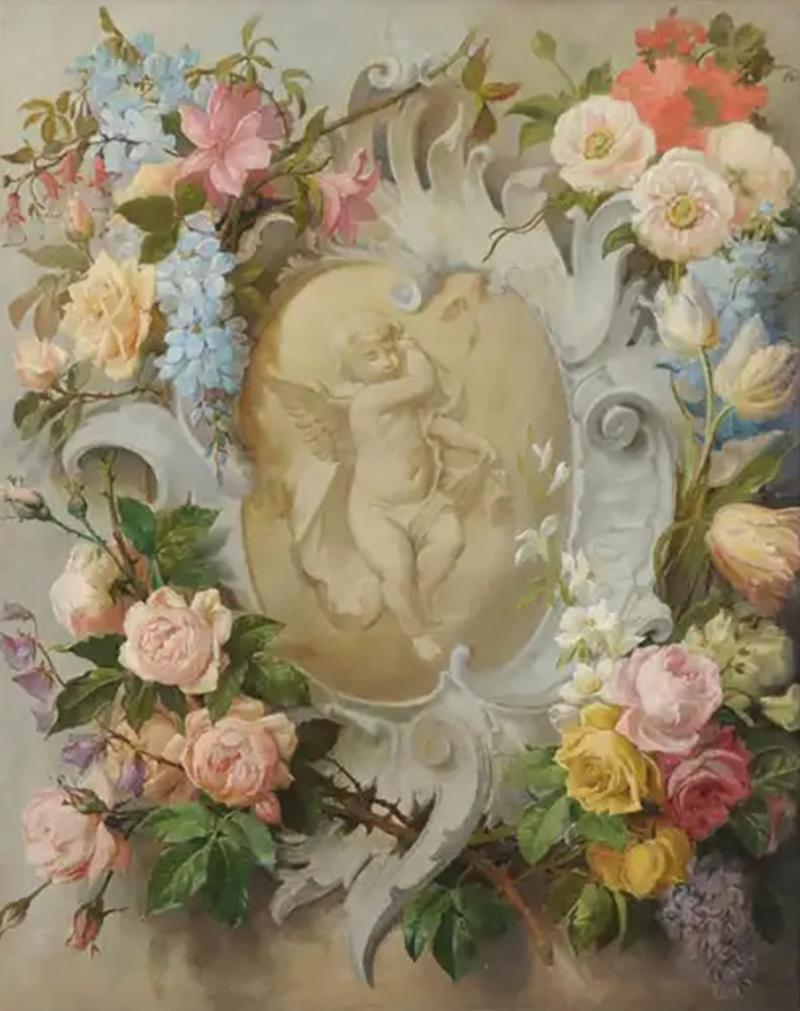  Royal Manufacture of Aubusson French 19th Century Aubusson Cartoon with Floral Decor Surrounding a Cherub