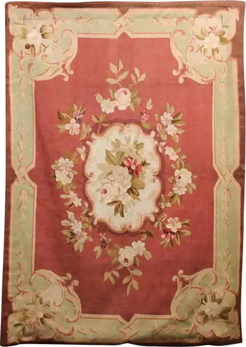  Royal Manufacture of Aubusson French 19th Century Red and Soft Green Aubusson Tapestry with Floral D cor