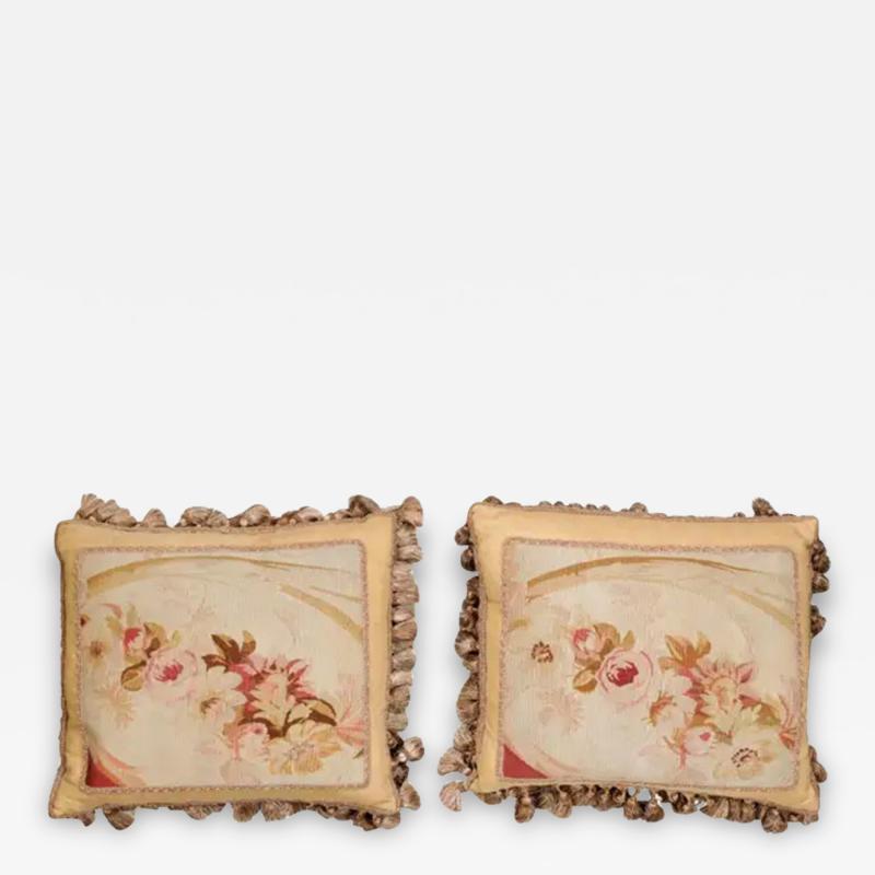  Royal Manufacture of Aubusson Pair of French 19th Century Aubusson Tapestry Pillows with Roses and Tassels