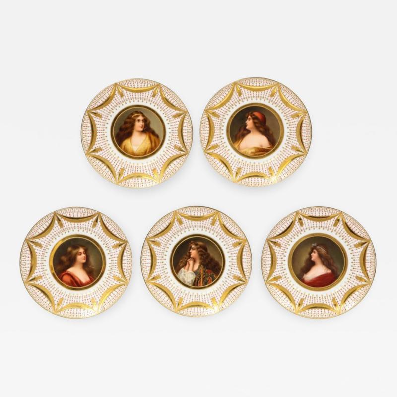  Royal Vienna Porcelain Exceptional Set of Five Royal Vienna Jeweled Porcelain Portrait Plates by Wagner