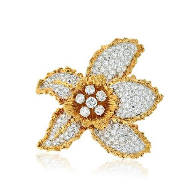  Ruser Jewelry William Ruser RUSER 1960S 18K TWO TONE FLOWER WITH PAVE SET DIAMOND LEAVES BROOCH