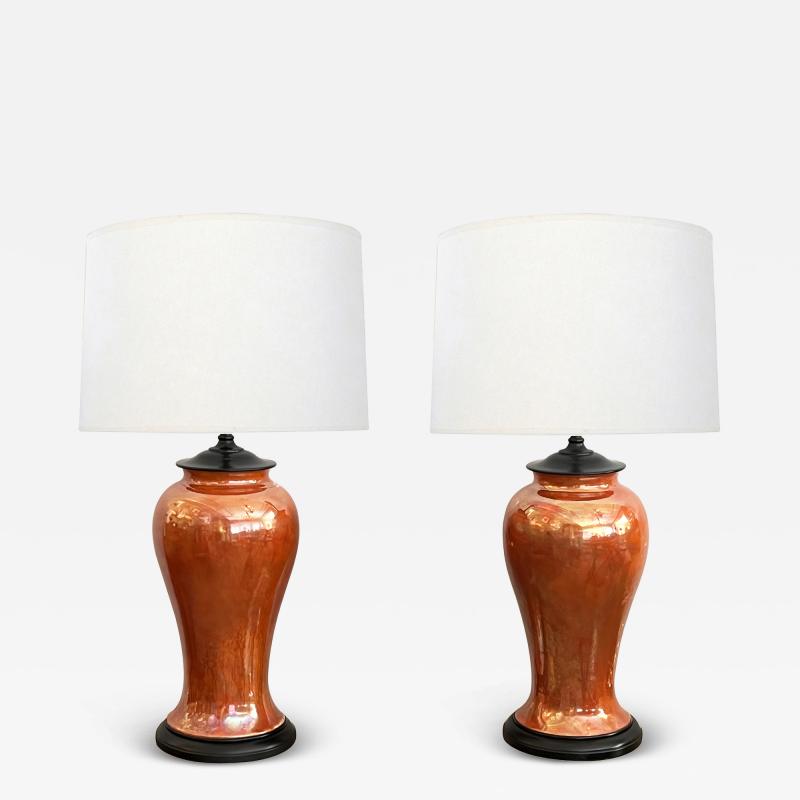  Ruskin Pottery Pair of English Ruskin Pottery Iridescent Orange glazed Vases now as Lamps