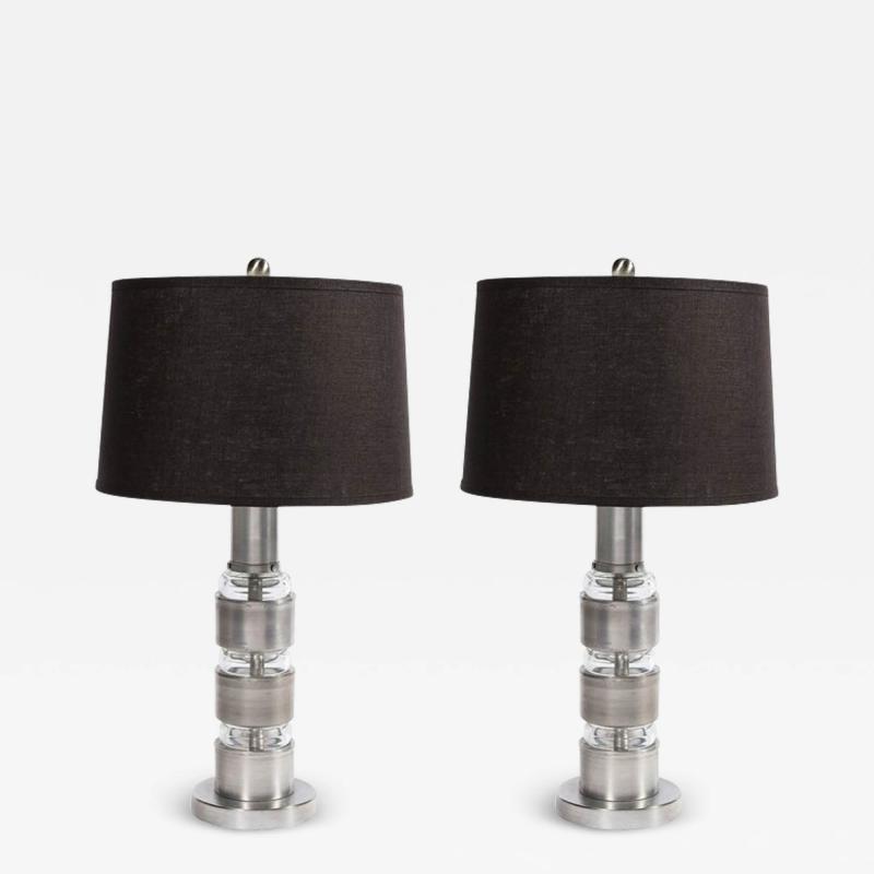  Russell Wright Art Deco Machine Age Table Lamps in Brushed Aluminum Glass by Russell Wright