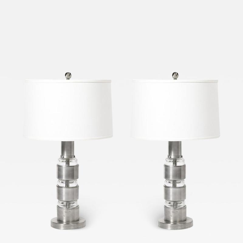  Russell Wright Art Deco Machine Age Table Lamps in Brushed Aluminum Glass by Russell Wright