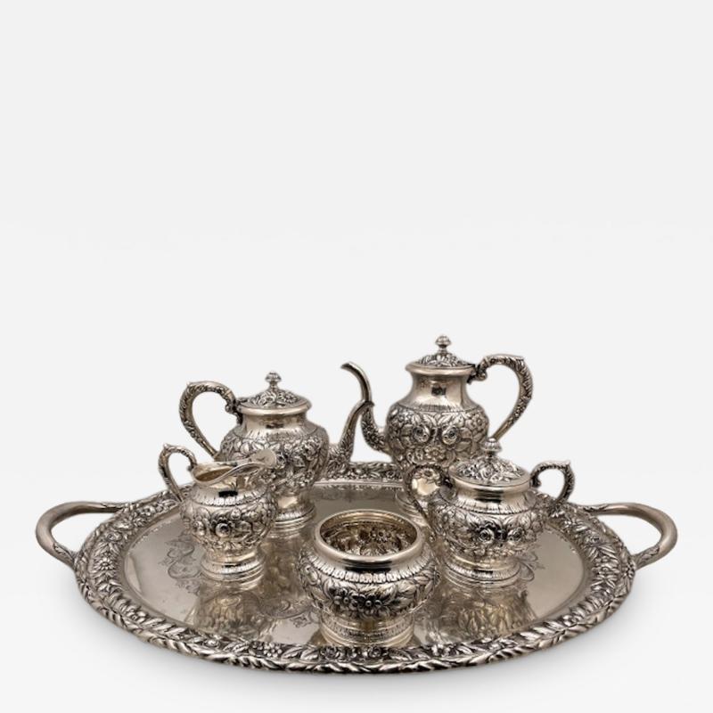  S Kirk Sons S Kirk Son Repousse Sterling Silver 6 Piece Tea Coffee Set with Tray