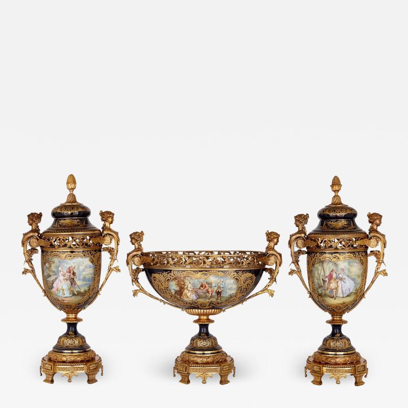  S vres Porcelain Manufactory S vres style porcelain and gilt bronze jardini re and vase garniture suite