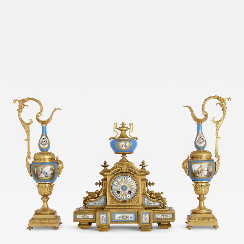  S vres Porcelain Manufacture Nationale de S vres Antique Three Piece Louis XV and S vres Style Clock and Ewer Set