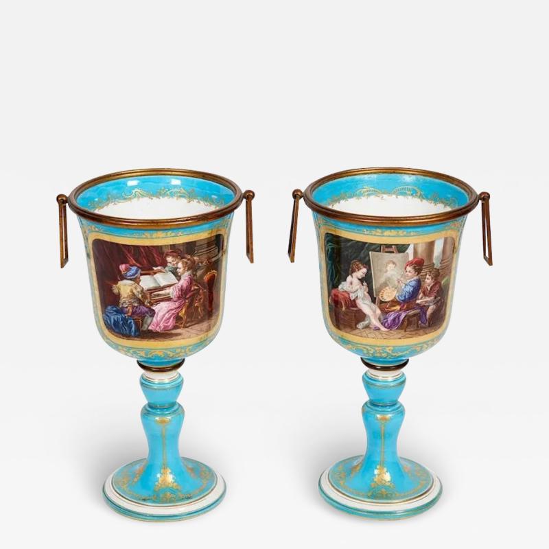  S vres Porcelain Manufacture Nationale de S vres Pair of French Sevres Style Turquoise Porcelain Cups or Vases